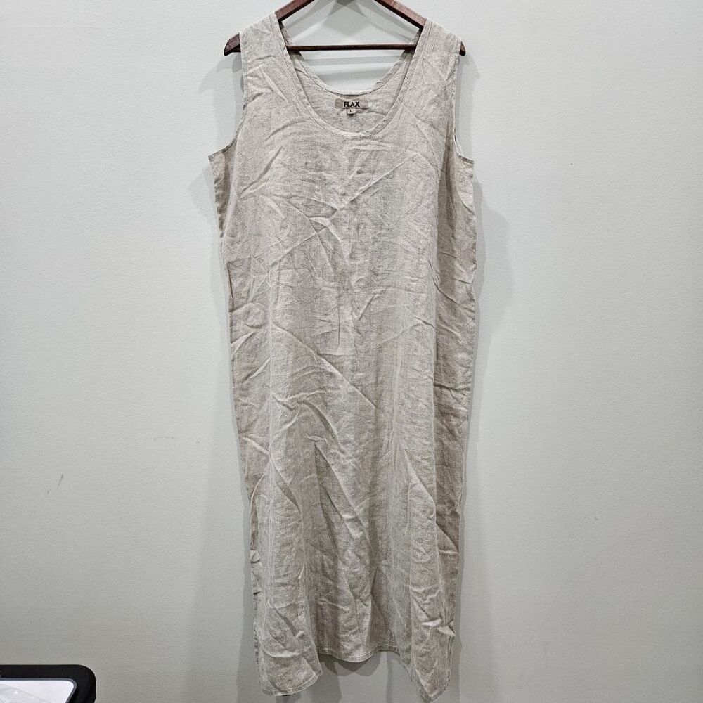FLAX 100% Linen Sleeveless Maxi Dress Womens L Natural Oatmeal Lagenlook Tank